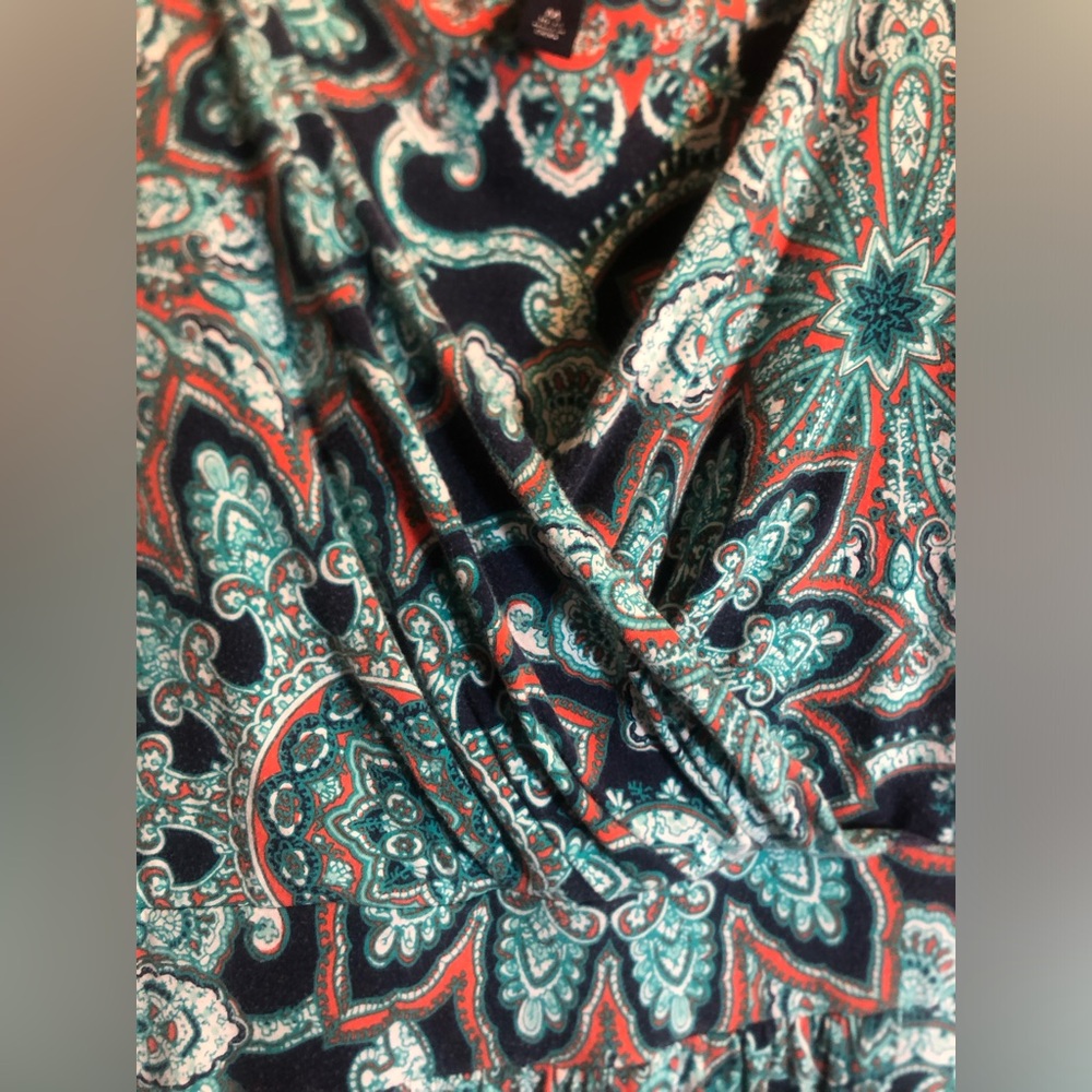 Navy, orange, teal maxi dress with tulip hem